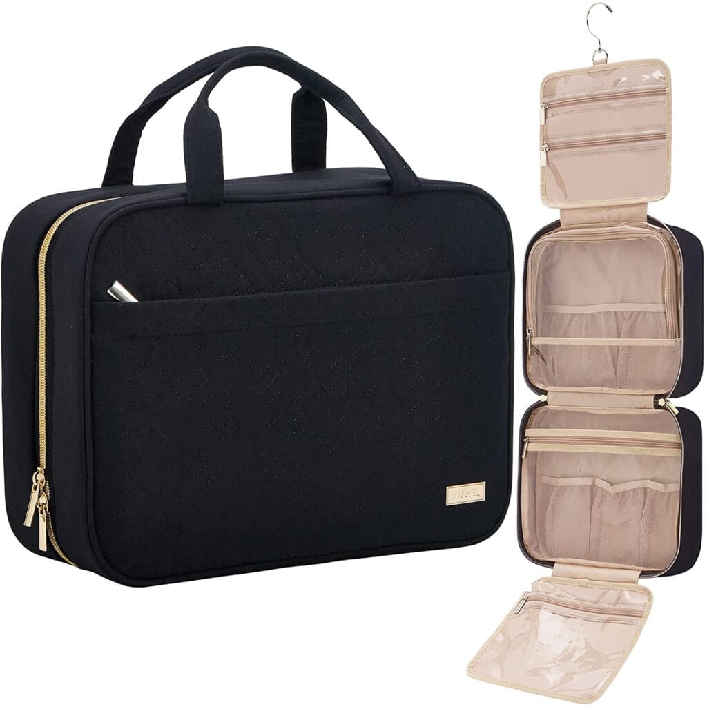 Black toiletry bag displayed zipped up and closed as well as opened.