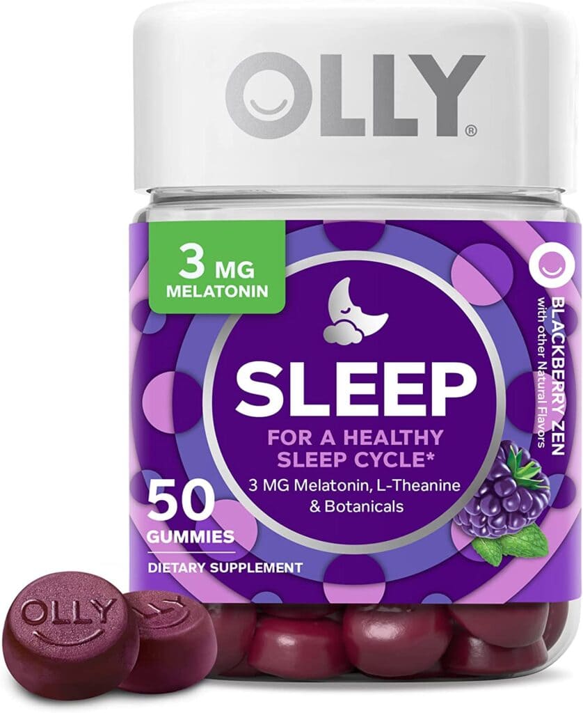 A purple tube with Olly sleep gummies.