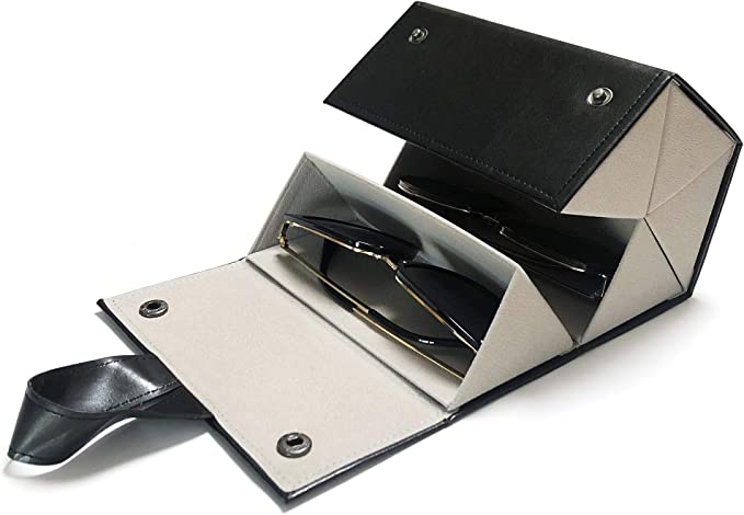 A black sunglass travel case with three compartments.