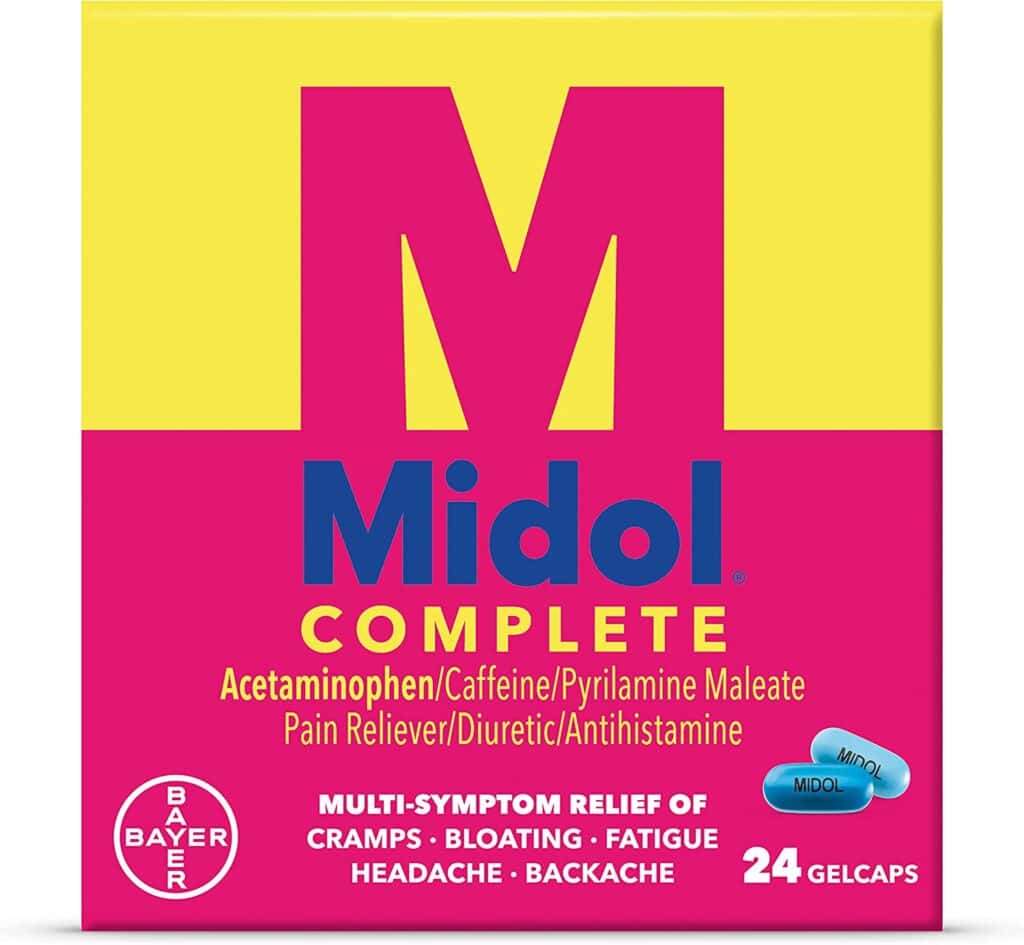 A pink and yellow box which contains Midol pills in it.