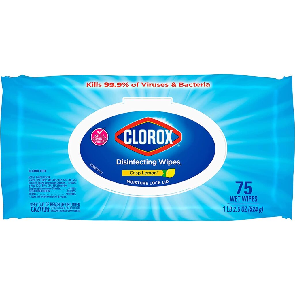 A blue package of clorox wipes.