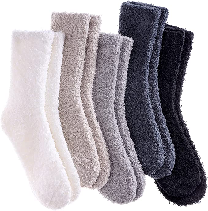 A variation of colored fuzzy socks.