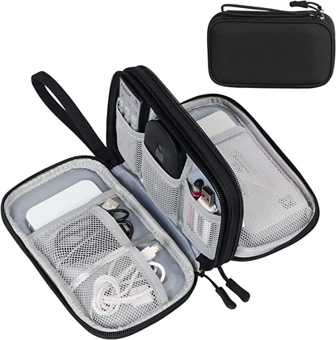 A cable organizing case with two sides and mesh compartments.
