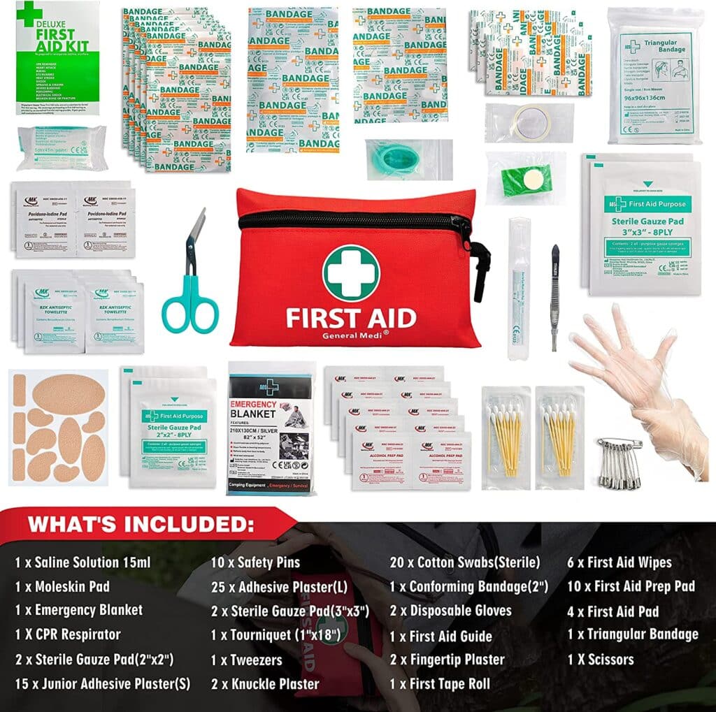 A First Aid kit is in the center of the image with the items that come inside the bag surrounding the first aid kit.