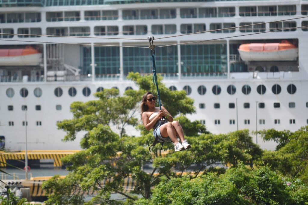 Jenn on a zipline in Roatan. 