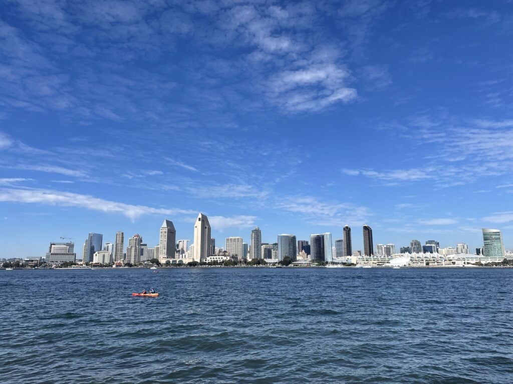 Kayakers are seen in the bay at Centennial Park.