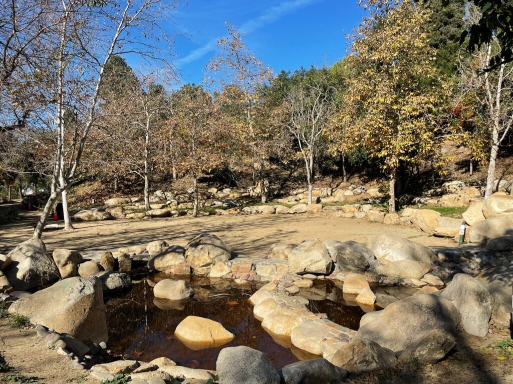 Boulders surround a small pond that's filled with brown water.